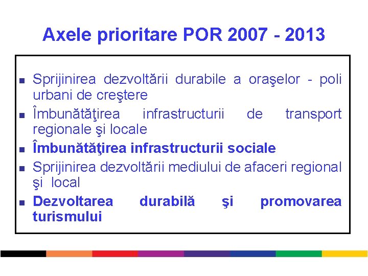 Axele prioritare POR 2007 - 2013 n n n Sprijinirea dezvoltării durabile a oraşelor