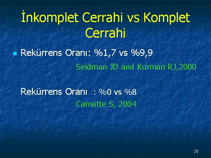 İnkomplet Cerrahi vs Komplet Cerrahi n Rekürrens Oranı: %1, 7 vs %9, 9 Seidman