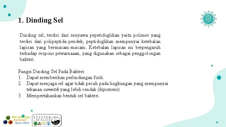 1. Dinding Sel Dinding sel, terdiri dari senyawa pepetidoglikan yaitu polimer yang terdiri dari