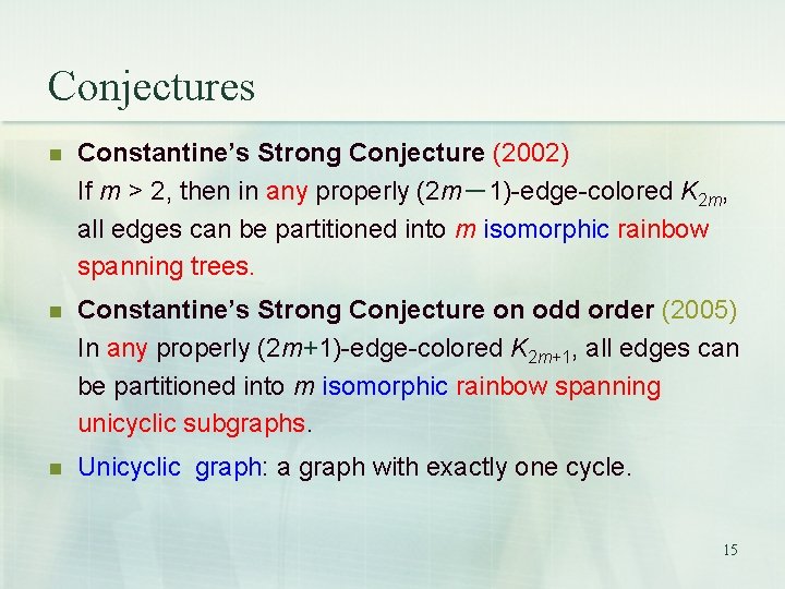 Conjectures n Constantine’s Strong Conjecture (2002) If m > 2, then in any properly