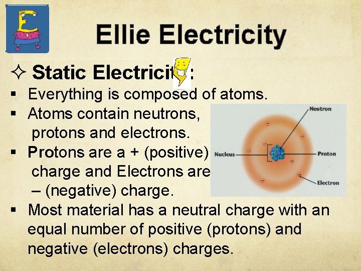 Ellie Electricity ² Static Electricity: § Everything is composed of atoms. § Atoms contain