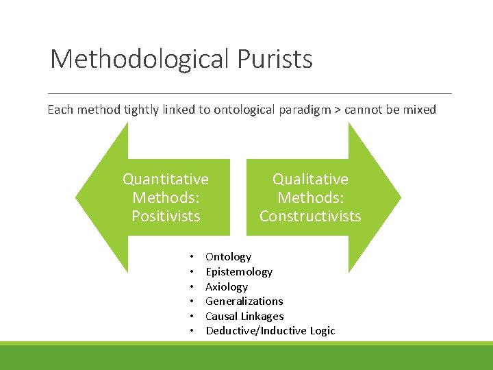 Methodological Purists Each method tightly linked to ontological paradigm > cannot be mixed Quantitative