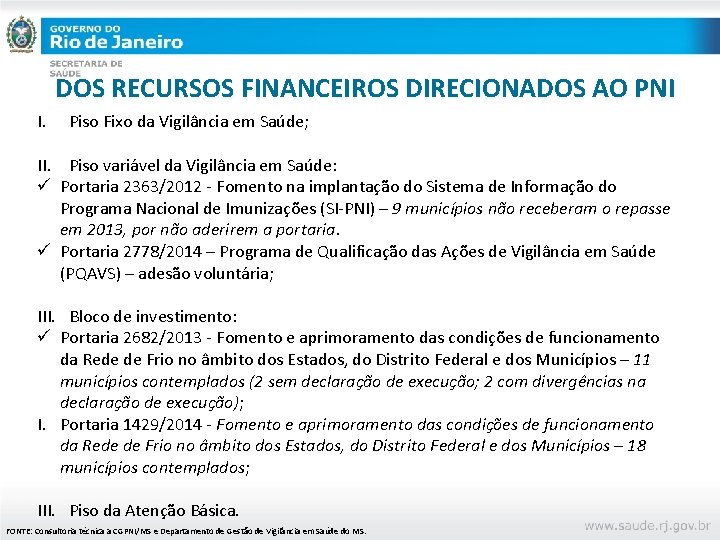 DOS RECURSOS FINANCEIROS DIRECIONADOS AO PNI I. Piso Fixo da Vigilância em Saúde; II.