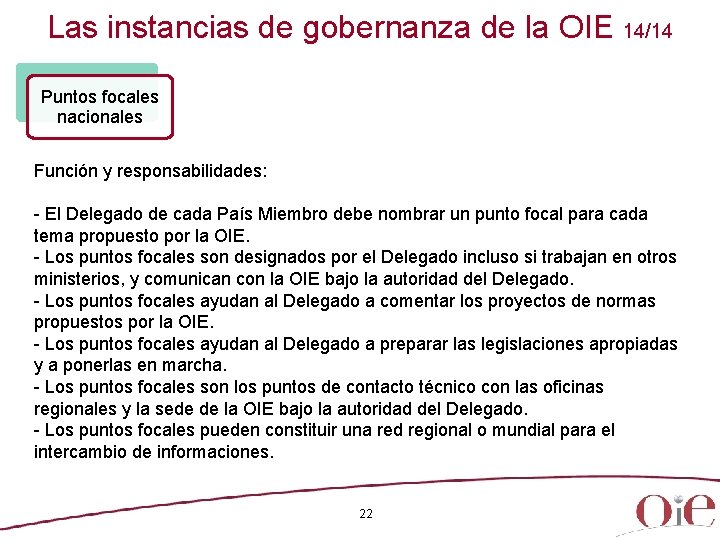 Las instancias de gobernanza de la OIE 14/14 Puntos focales nacionales Función y responsabilidades: