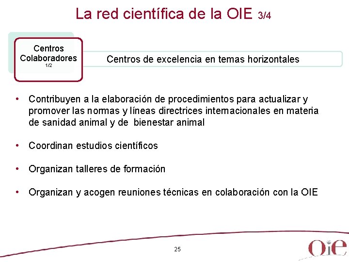 La red científica de la OIE 3/4 Centros Colaboradores 1/2 Centros de excelencia en