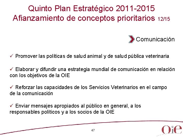 Quinto Plan Estratégico 2011 -2015 Afianzamiento de conceptos prioritarios 12/15 Comunicación ü Promover las