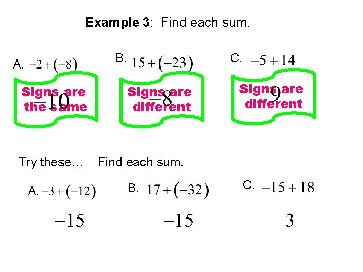 Example 3: Find each sum. B. A. Signs are the same Try these… A.