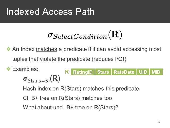 Indexed Access Path R Rating. ID Stars Rate. Date UID MID 14 