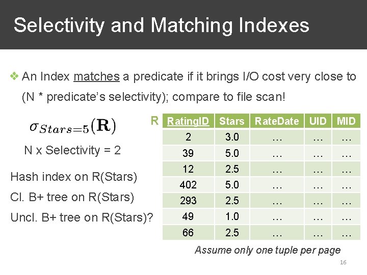 Selectivity and Matching Indexes ❖ An Index matches a predicate if it brings I/O