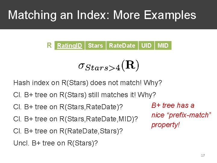 Matching an Index: More Examples R Rating. ID Stars Rate. Date UID MID Hash