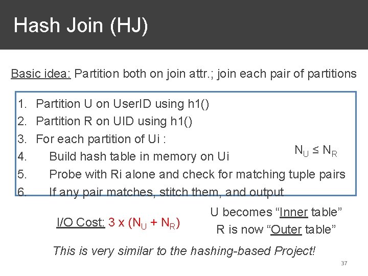 Hash Join (HJ) Basic idea: Partition both on join attr. ; join each pair