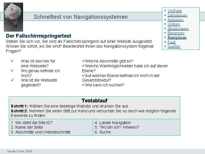 Schnelltest von Navigationssystemen Test Der Fallschirmspringertest Stellen Sie sich vor, Sie sind als Fallschirmspringerin