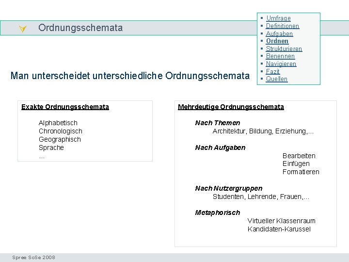  Ordnungsschemata Man unterscheidet unterschiedliche Ordnungsschemata Exakte Ordnungsschemata Alphabetisch Chronologisch Geographisch Sprache … §