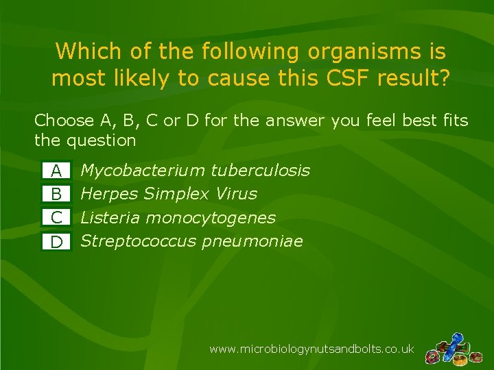 Which of the following organisms is most likely to cause this CSF result? Choose