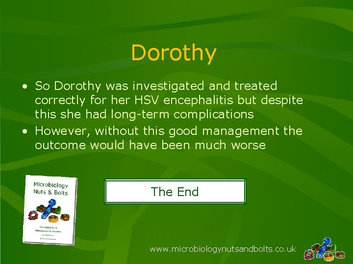 Dorothy • So Dorothy was investigated and treated correctly for her HSV encephalitis but