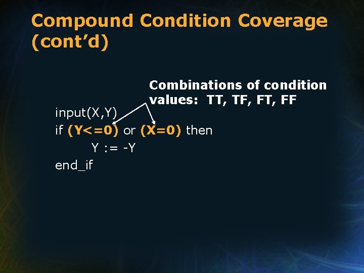 Compound Condition Coverage (cont’d) Combinations of condition values: TT, TF, FT, FF input(X, Y)