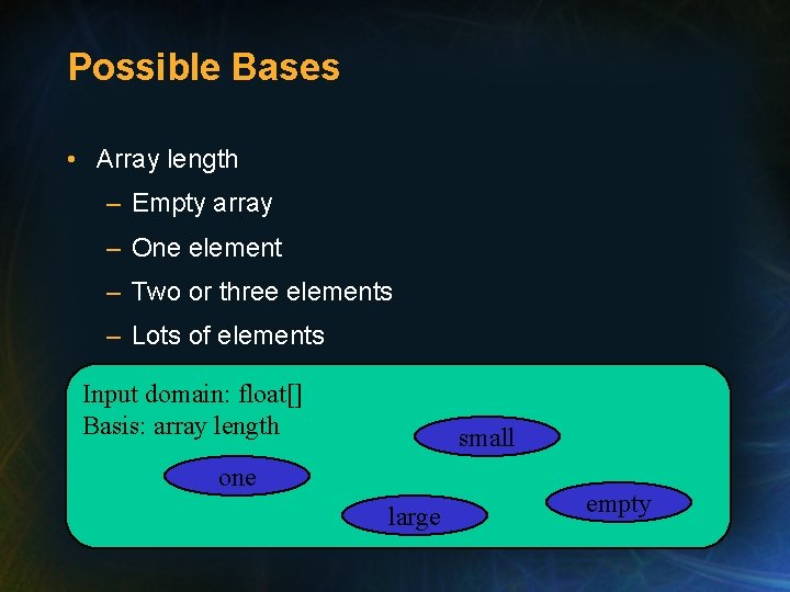 Possible Bases • Array length – Empty array – One element – Two or