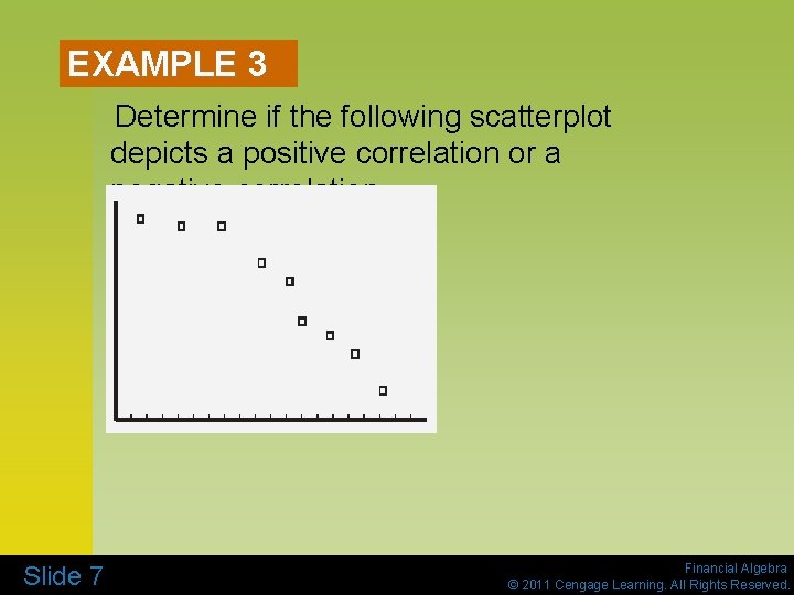 EXAMPLE 3 Determine if the following scatterplot depicts a positive correlation or a negative EXAMPLE 3 Determine if the following scatterplot depicts a positive correlation or a negative