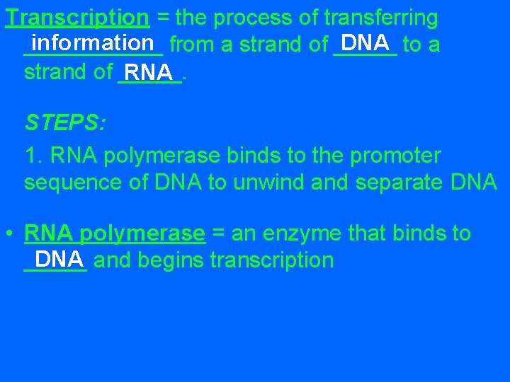 Transcription = the process of transferring information from a strand of _____ DNA to