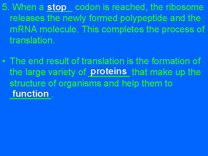 stop codon is reached, the ribosome 5. When a _____ releases the newly formed