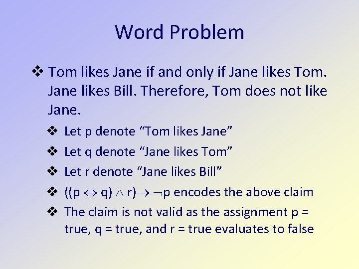 Word Problem Tom likes Jane if and only if Jane likes Tom. Jane likes Word Problem Tom likes Jane if and only if Jane likes Tom. Jane likes