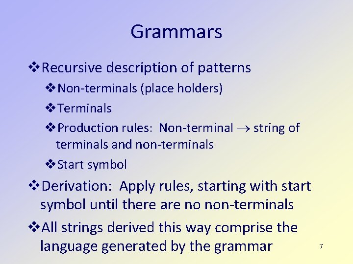 Grammars Recursive description of patterns Non-terminals (place holders) Terminals Production rules: Non-terminal string of Grammars Recursive description of patterns Non-terminals (place holders) Terminals Production rules: Non-terminal string of