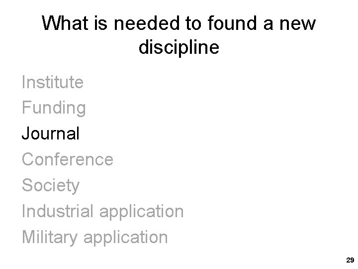 What is needed to found a new discipline Institute Funding Journal Conference Society Industrial