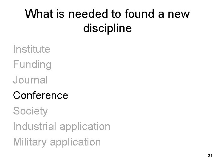 What is needed to found a new discipline Institute Funding Journal Conference Society Industrial