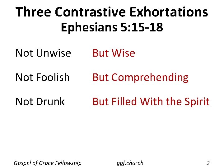 Three Contrastive Exhortations Ephesians 5: 15 -18 Not Unwise But Wise Not Foolish But