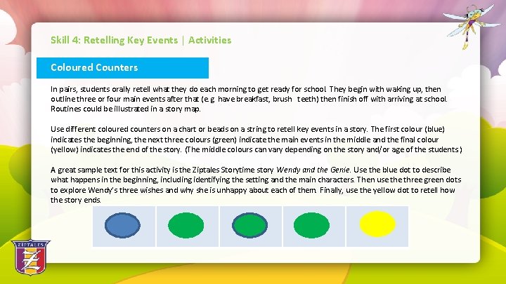 Skill 4: Retelling Key Events | Activities Coloured Counters In pairs, students orally retell
