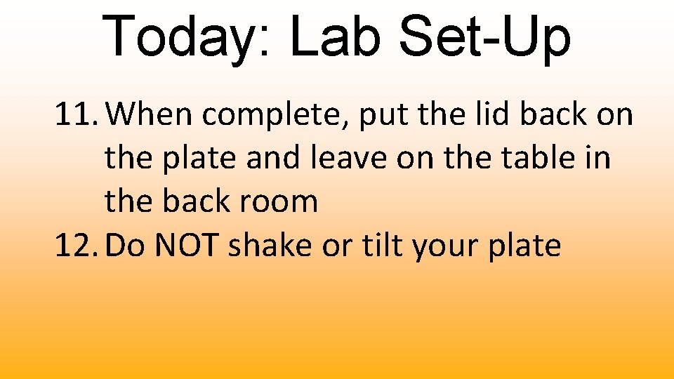 Today: Lab Set-Up 11. When complete, put the lid back on the plate and
