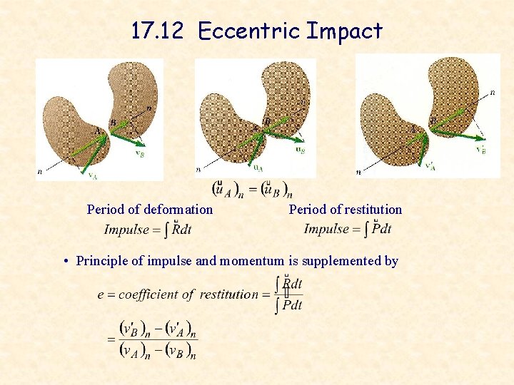 17. 12 Eccentric Impact Period of deformation Period of restitution • Principle of impulse