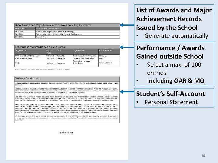 List of Awards and Major Achievement Records issued by the School • Generate automatically