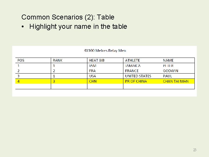 Common Scenarios (2): Table • Highlight your name in the table 23 