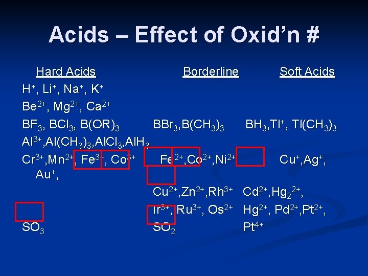Acids – Effect of Oxid’n # Hard Acids Borderline Soft Acids H+, Li+, Na+,