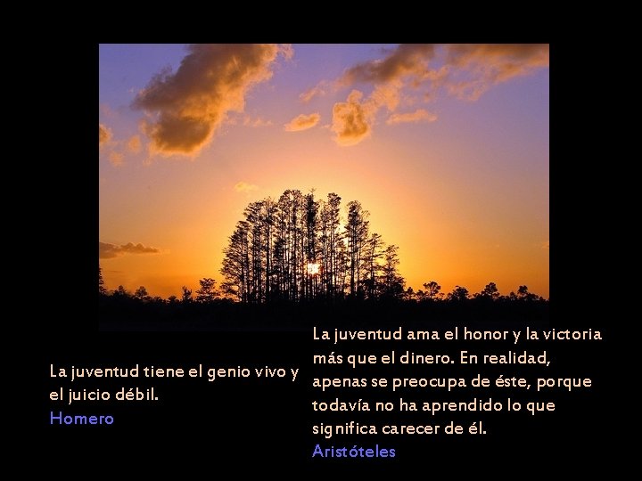 La juventud ama el honor y la victoria más que el dinero. En realidad,