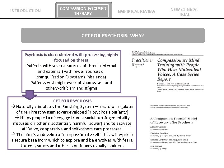 INTRODUCTION COMPASSION-FOCUSED THERAPY EMPIRICAL REVIEW CFT FOR PSYCHOSIS: WHY? Psychosis is characterized with processing