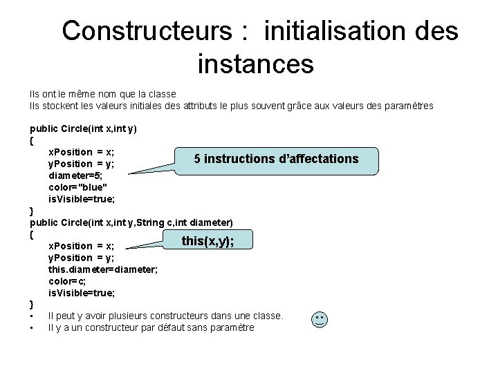  Constructeurs : initialisation des instances Ils ont le même nom que la classe