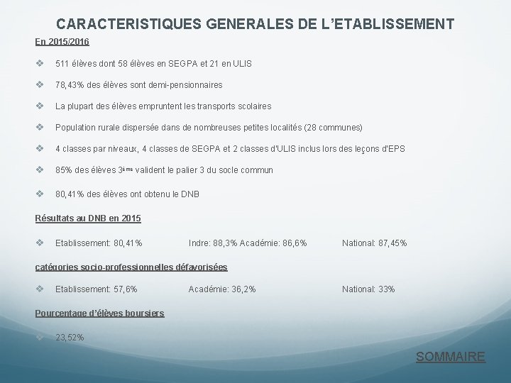 CARACTERISTIQUES GENERALES DE L’ETABLISSEMENT En 2015/2016 v 511 élèves dont 58 élèves en SEGPA