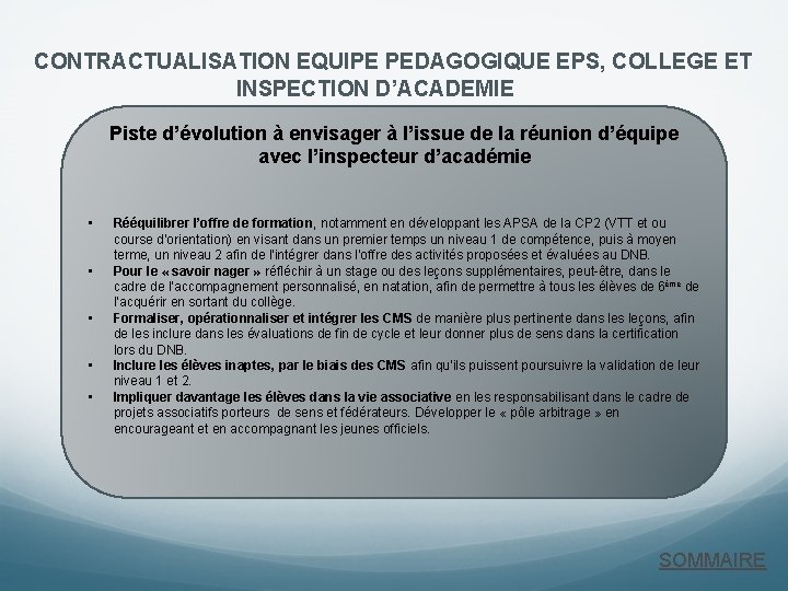 CONTRACTUALISATION EQUIPE PEDAGOGIQUE EPS, COLLEGE ET INSPECTION D’ACADEMIE Piste d’évolution à envisager à l’issue