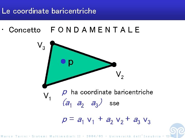 Le coordinate baricentriche • Concetto FONDAMENTALE V 3 p V 2 V 1 p