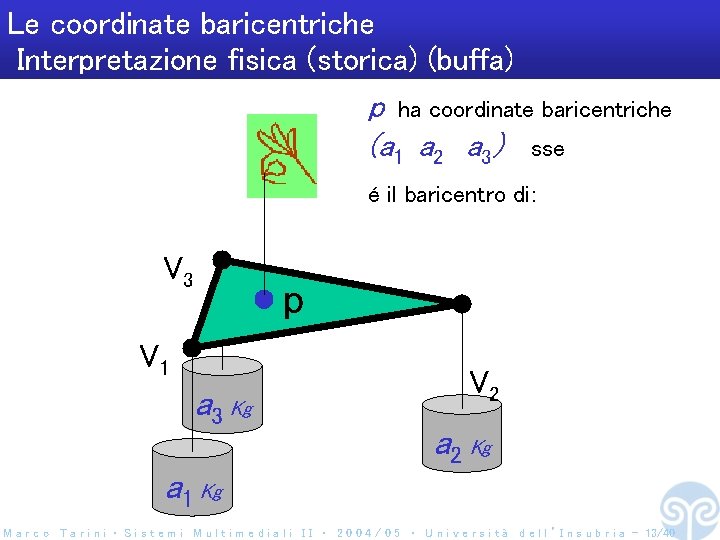 Le coordinate baricentriche Interpretazione fisica (storica) (buffa) p ha coordinate baricentriche (a 1 a