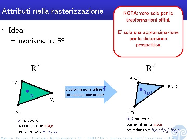 Attributi nella rasterizzazione • Idea: NOTA: vero solo per le trasformazioni affini. E' solo