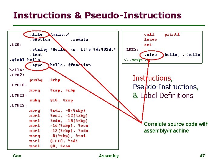 Instructions & Pseudo-Instructions call leave ret . file "main. c". section. rodata. LC 0:
