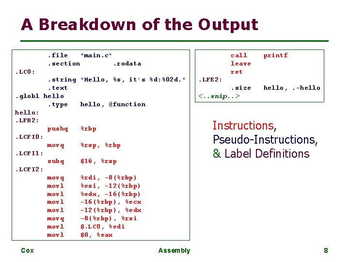 A Breakdown of the Output call leave ret . file "main. c". section. rodata.