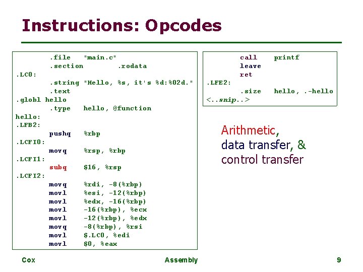 Instructions: Opcodes call leave ret . file "main. c". section. rodata. LC 0: .