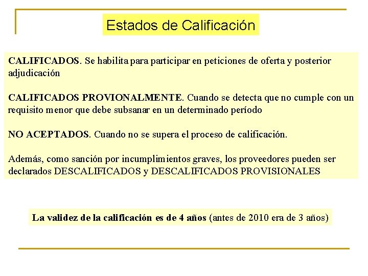 Estados de Calificación CALIFICADOS. Se habilita participar en peticiones de oferta y posterior adjudicación