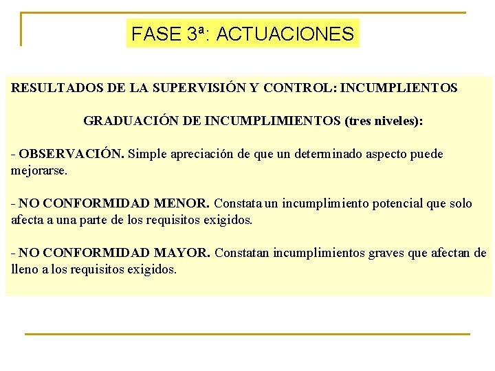 FASE 3ª: ACTUACIONES RESULTADOS DE LA SUPERVISIÓN Y CONTROL: INCUMPLIENTOS GRADUACIÓN DE INCUMPLIMIENTOS (tres