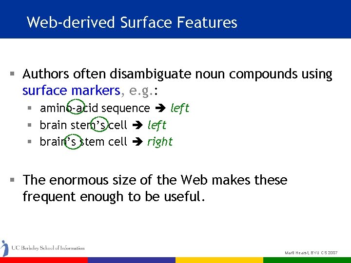 Web-derived Surface Features § Authors often disambiguate noun compounds using surface markers, e. g.