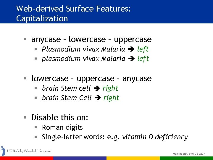 Web-derived Surface Features: Capitalization § anycase – lowercase – uppercase § Plasmodium vivax Malaria